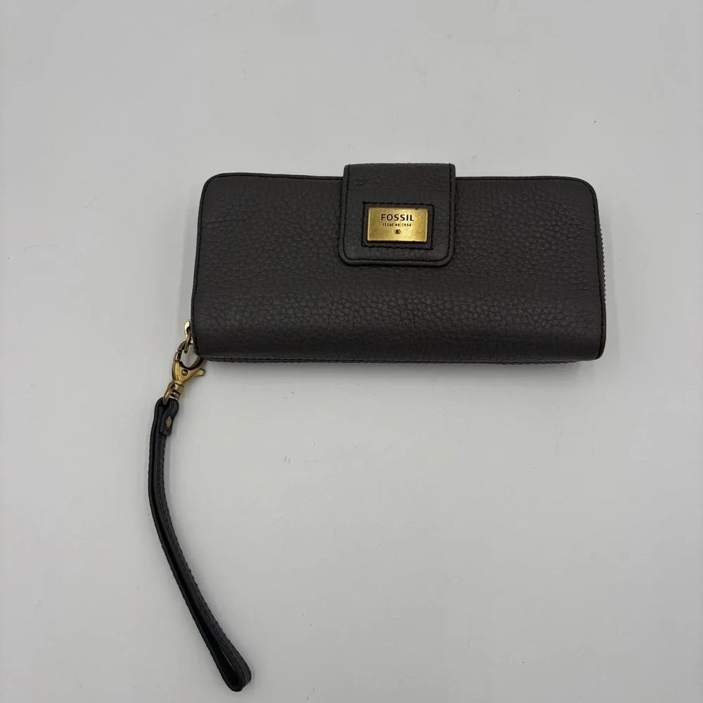 Fossil Gray Leather Wallet Womens Checkbook  Wristlet Coin Cards